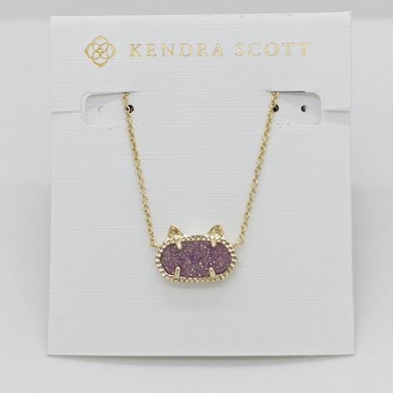 New Kendra Scott Elisa Gold Cat Kitty Pendant Necklace in Purple Drusy