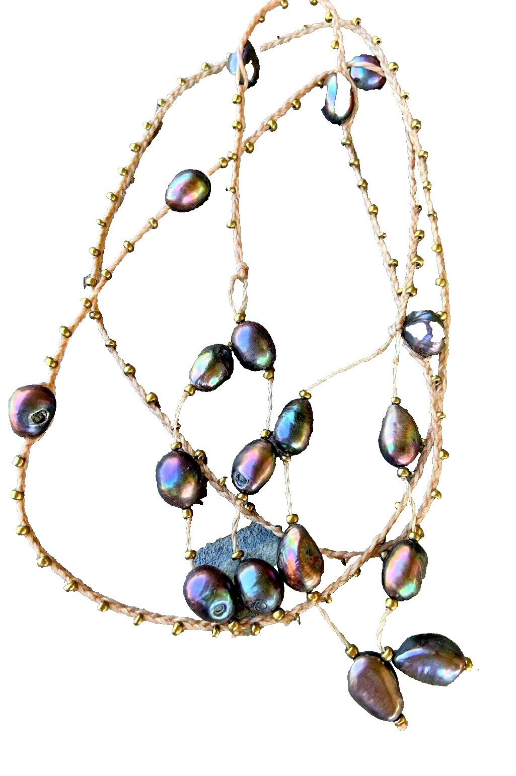 Beaded Iridescent Pearl Macrame Dangle Wrap Necklace