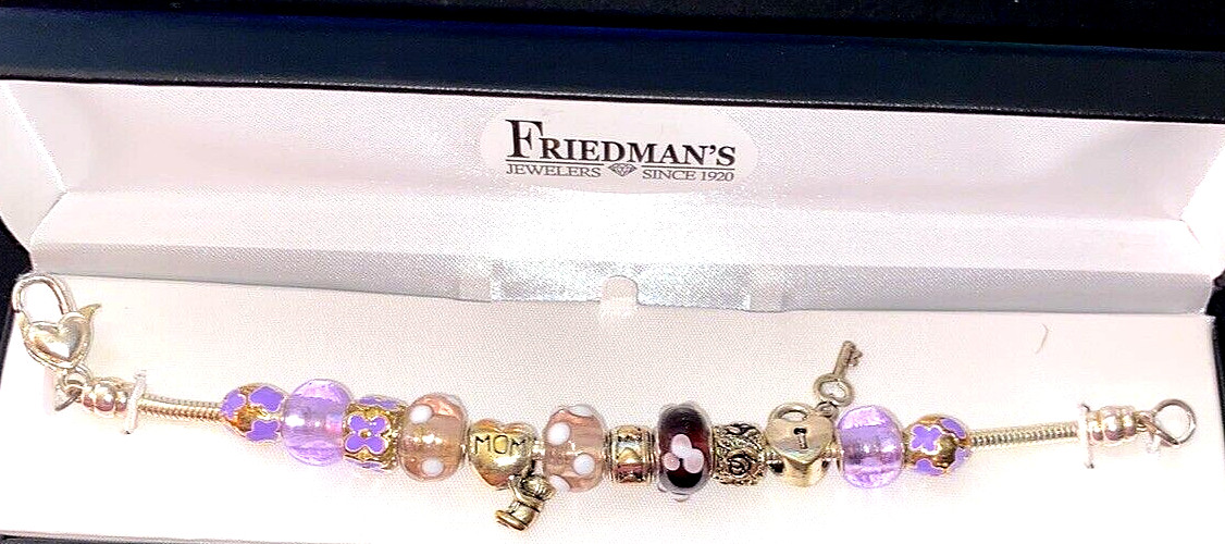 Friedman’s Jewelers Mom Charm Bracelet Purple Silver NIB VTG
