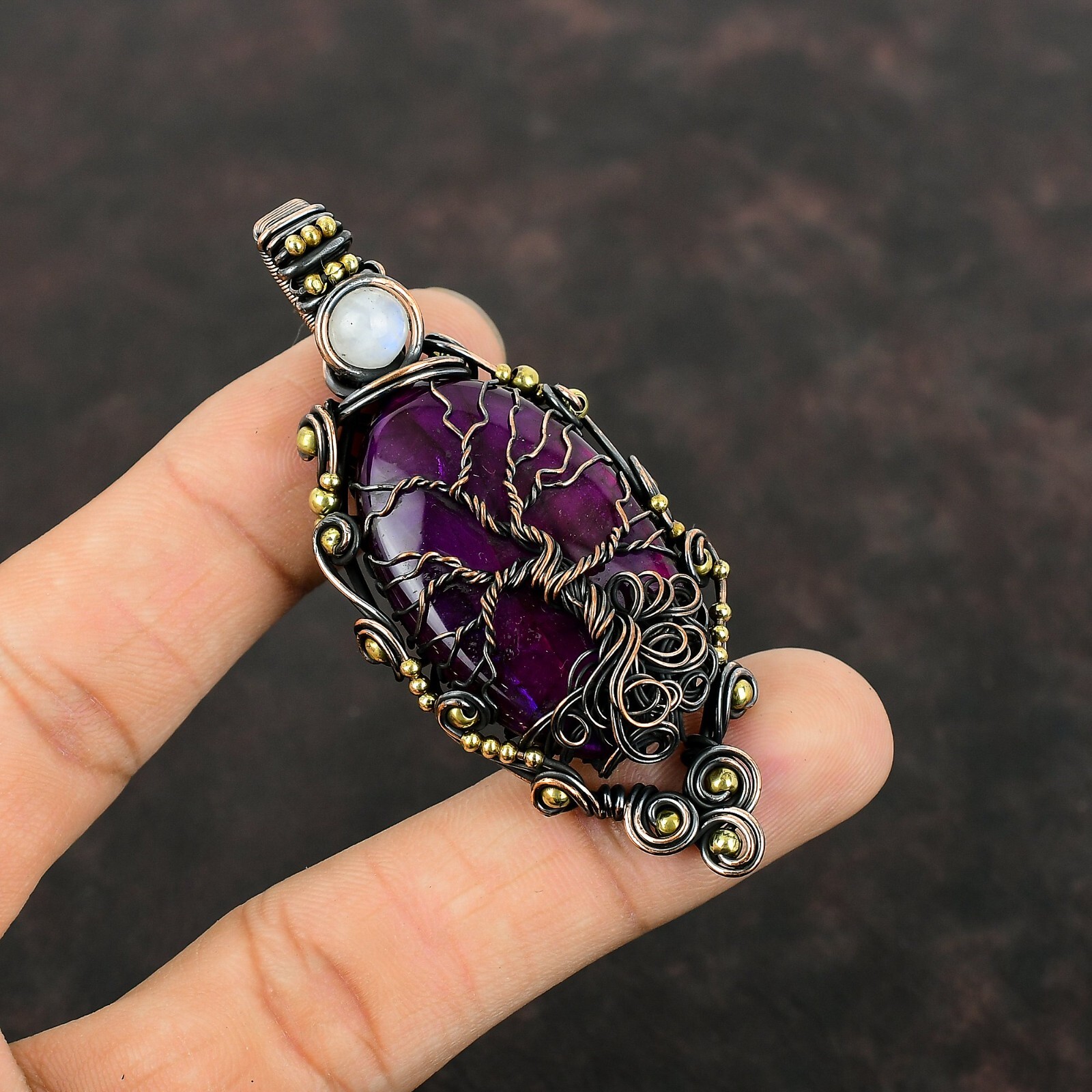 Purple Fire Labradorite Wire Wrapped Tree Of Life Pendant Copper For Women 2.8″