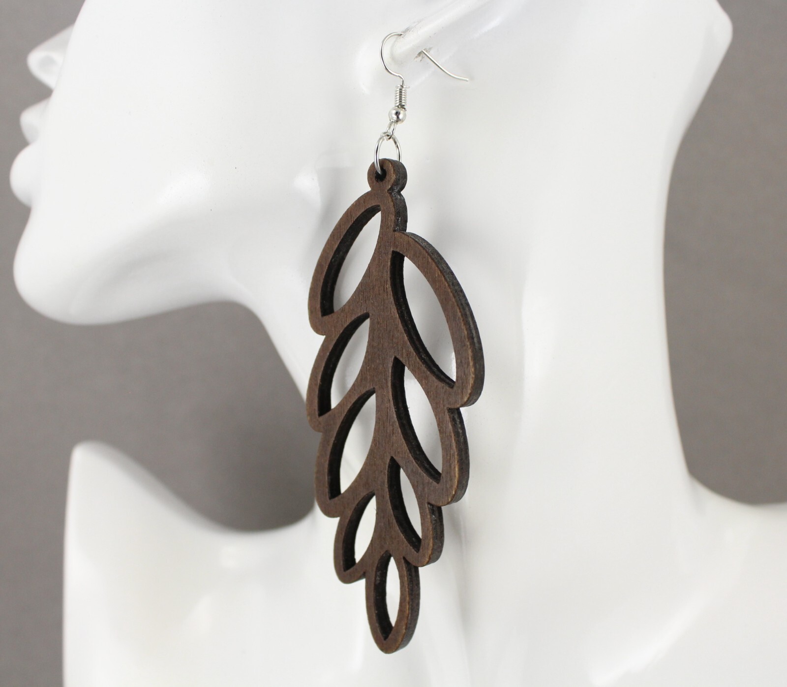 dark Brown wood leaf earrings dangle lightweight wood 4 3/8″ long feather vine