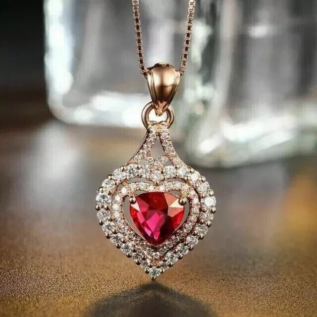 14k Rose Gold Plated 2Ct Heart Simulated Red Ruby Double Heart Shape Pendant