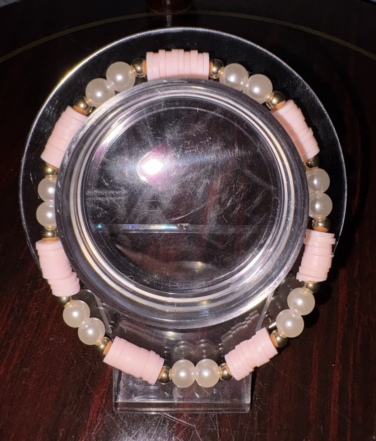 Pink Clay & Pearl Beaded Stretch Bracelet w/ Small Gold Spacers