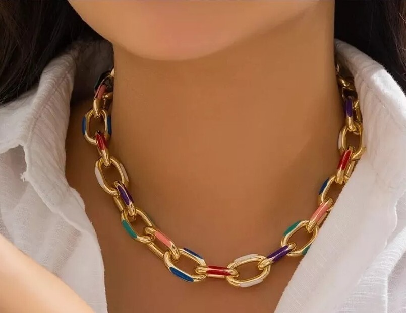 Chunky Statement Jewelry Set Gold Multi Color Necklace & Bracelet 13-8