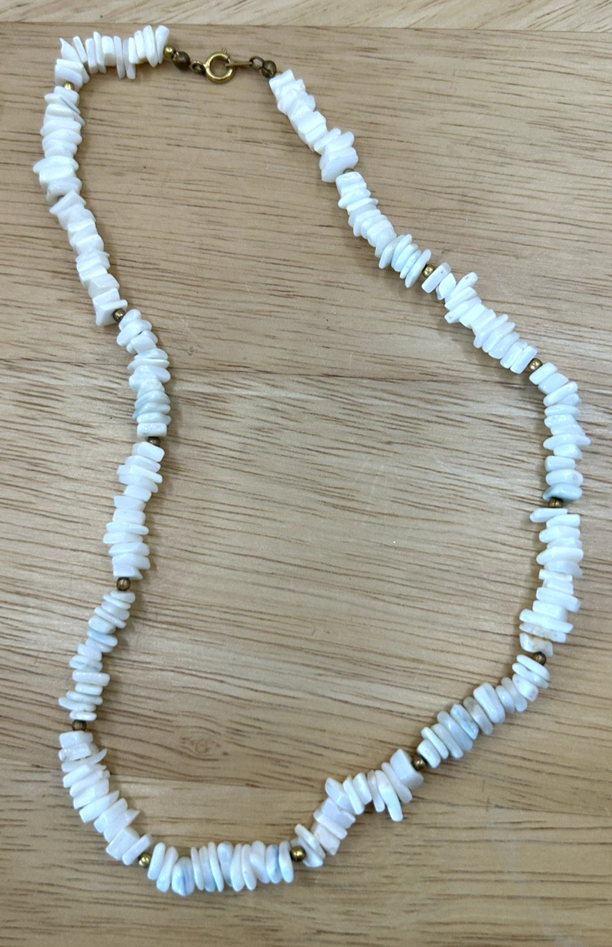Three Vintage 2 Pale Pink, 1 White Puka/Hawaiian necklaces, 2-16 in, 1-18 in