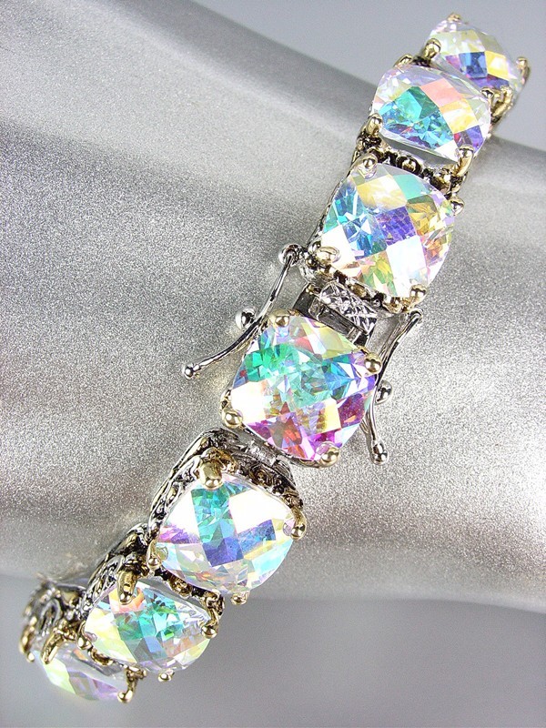 Designer Style Silver Gold Balinese Iridescent AB CZ Crystals Links Bracelet