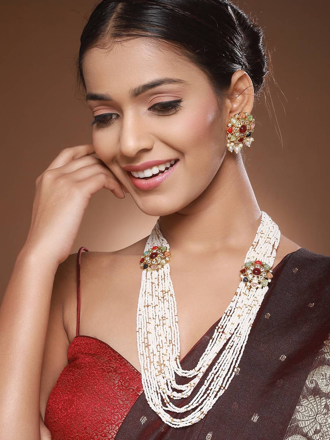 Gold Plated Premium Bridal Wedding Navratan Jadau Sets Long Rani Haar Necklace