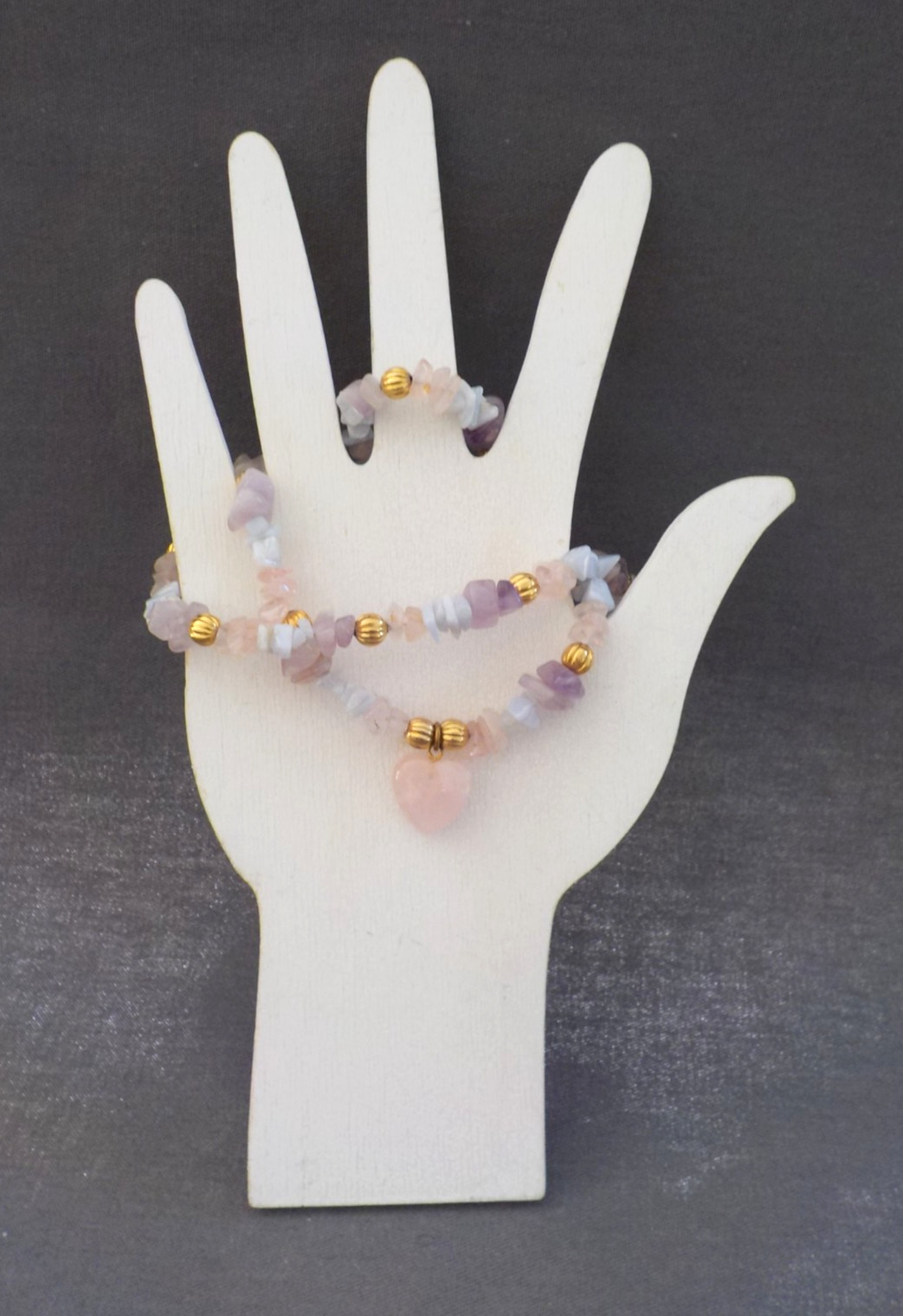 Pink He Purple Quartz Amethyst Chips Necklace Gold Tone Metal Bead 20.5″ Long