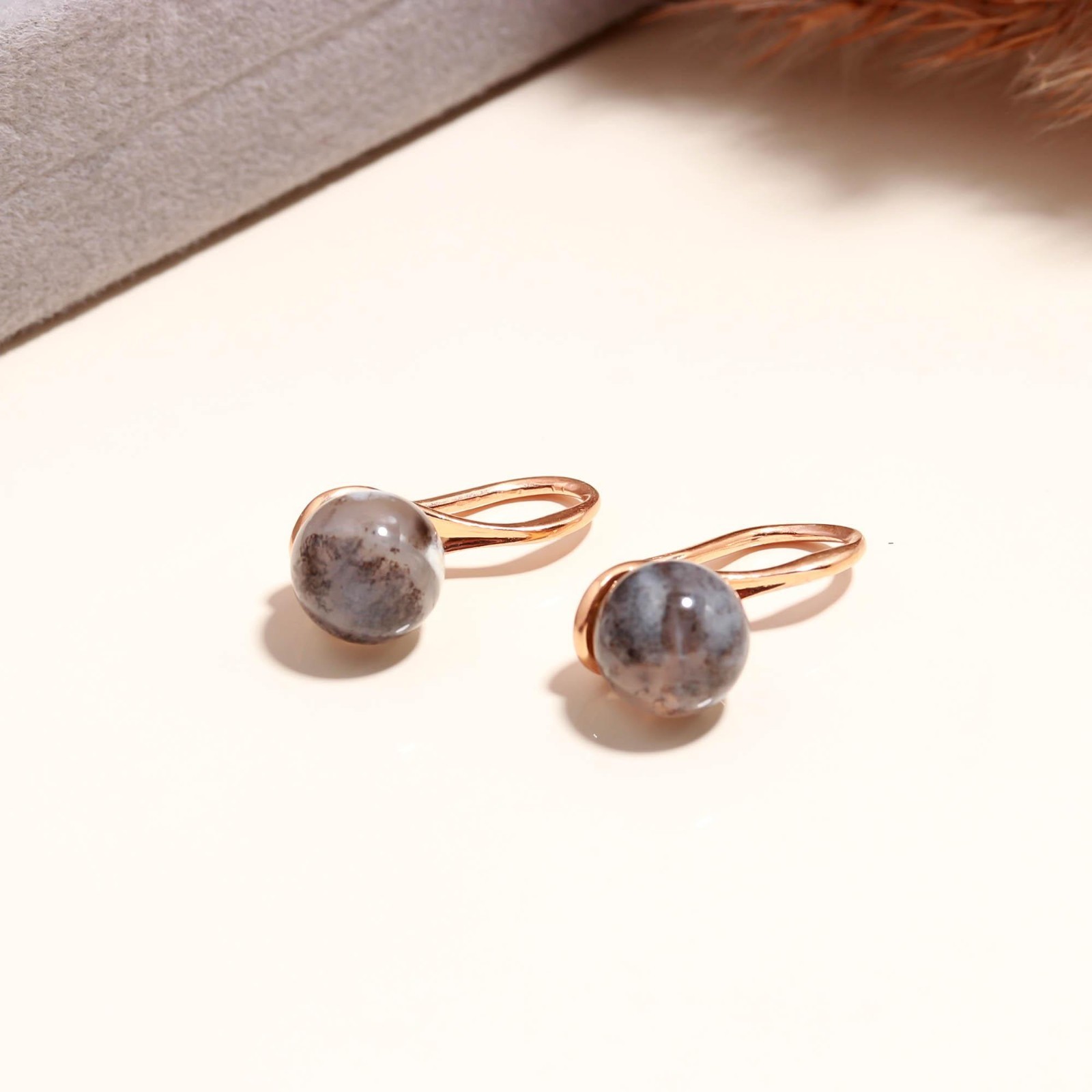 Natural Dendrite Opal Ball Dangle Earrings Rose Gold Plated Solid Silver Jewelry