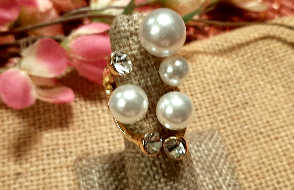 Adjustable Pearl & Rhinestone Statement Ring , Gold Tone New One Size