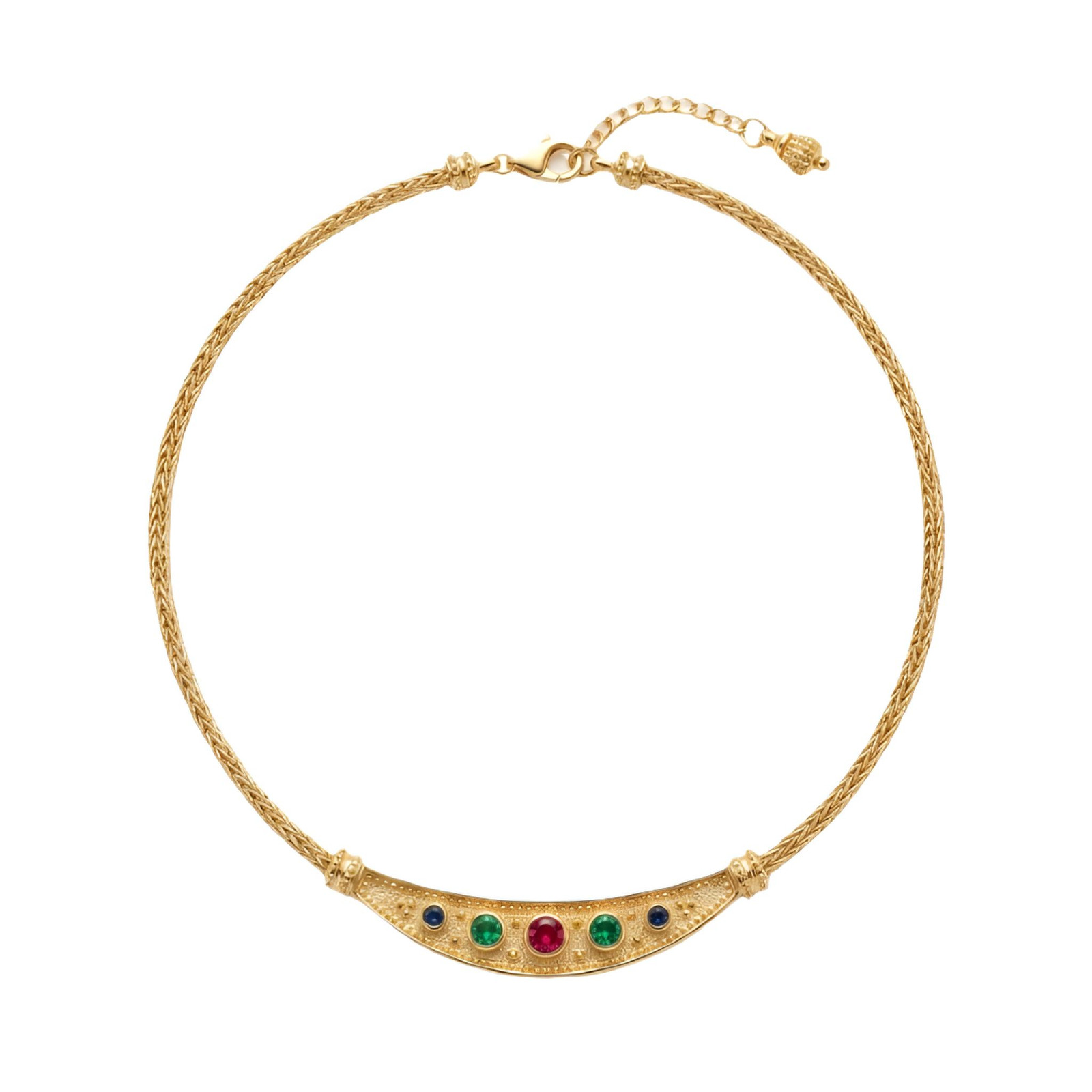 Byzantine Necklace, Gold Plated Curved Bar with Multicolor Gemstones