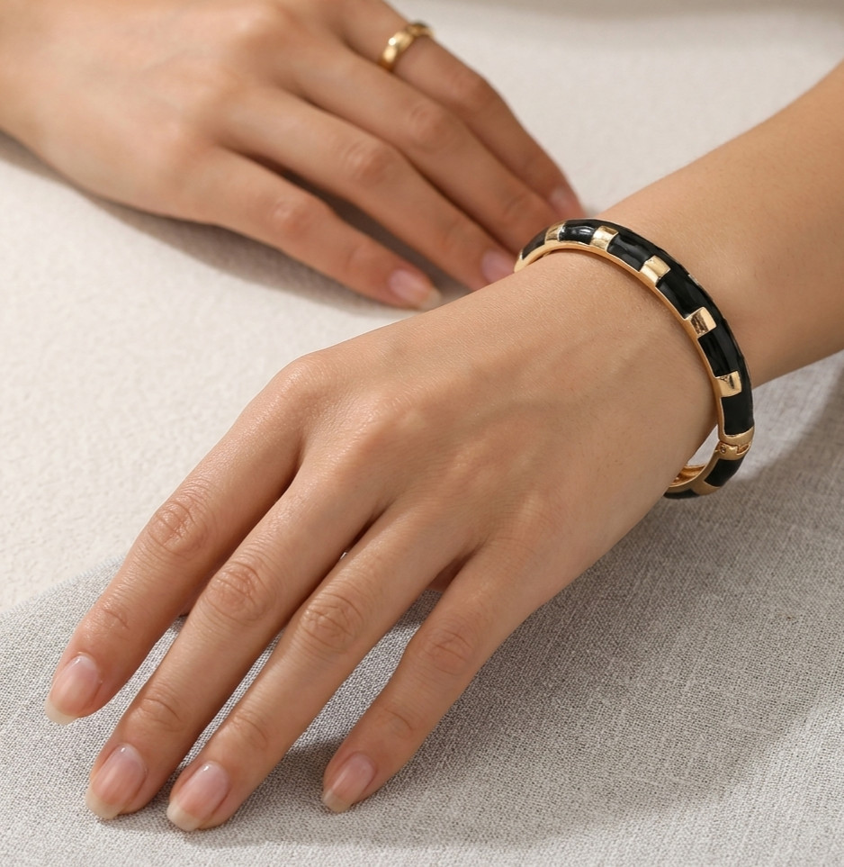 Gold & Black Enamel Hinged Bracelet – Fashion Bangle – 2.4” Diameter – Chic