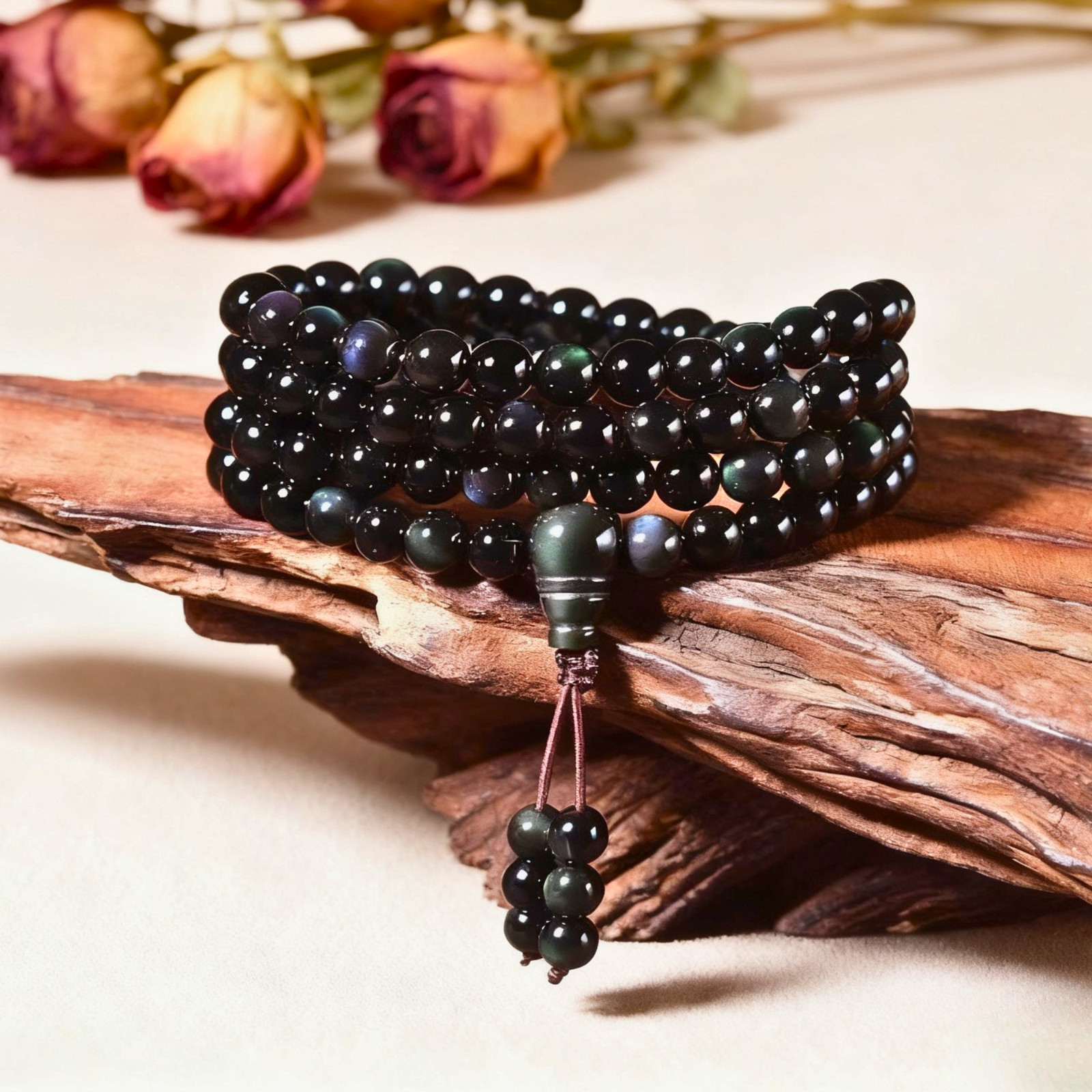 108 Mala Beads Rainbow Obsidian Prayer Necklace Multilayers Unisex Bracelet Gift