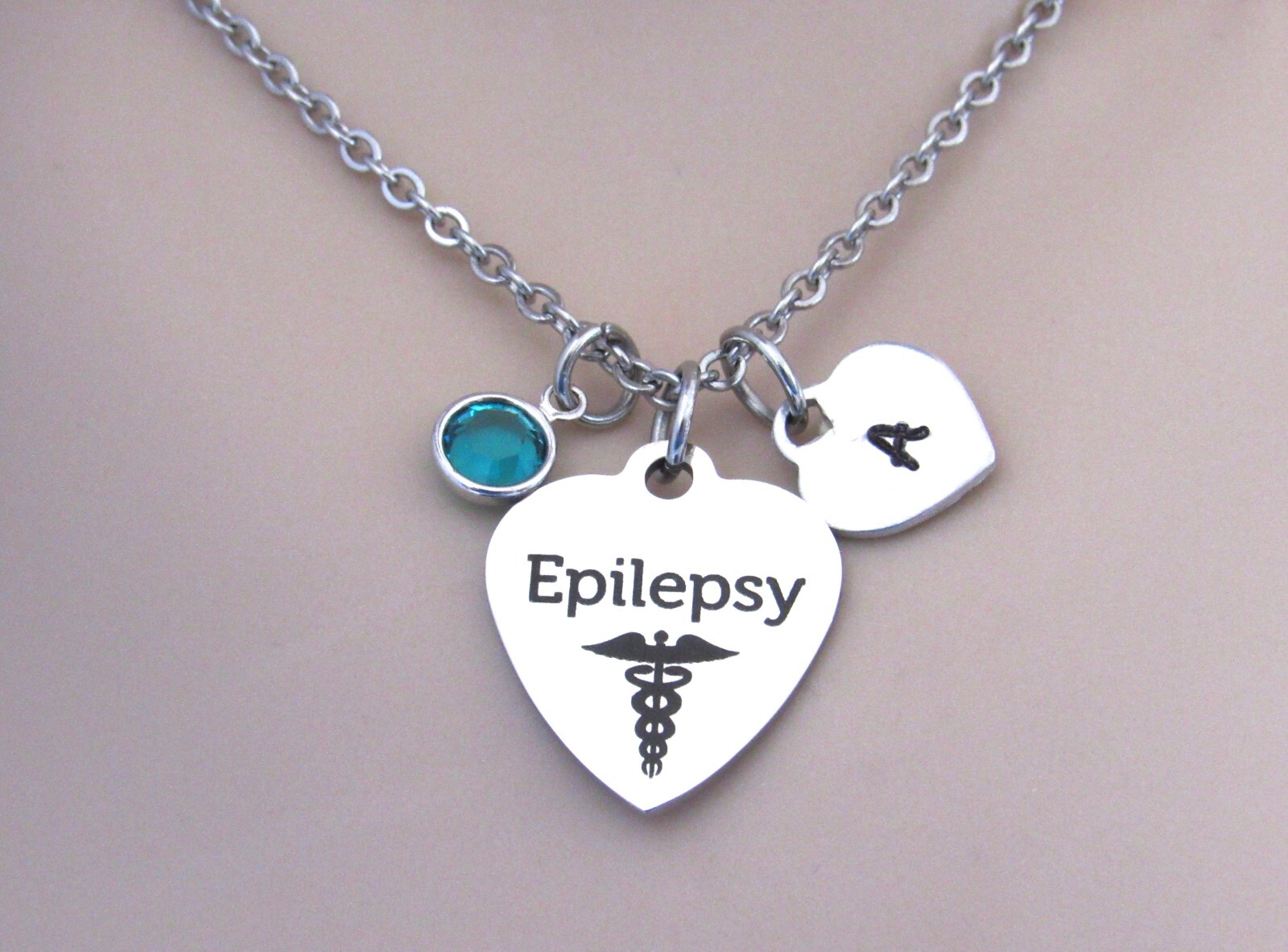 Epilepsy Necklace w/ Initial Heart and Birthstone, Epilepsy Medical Jewelry Gift