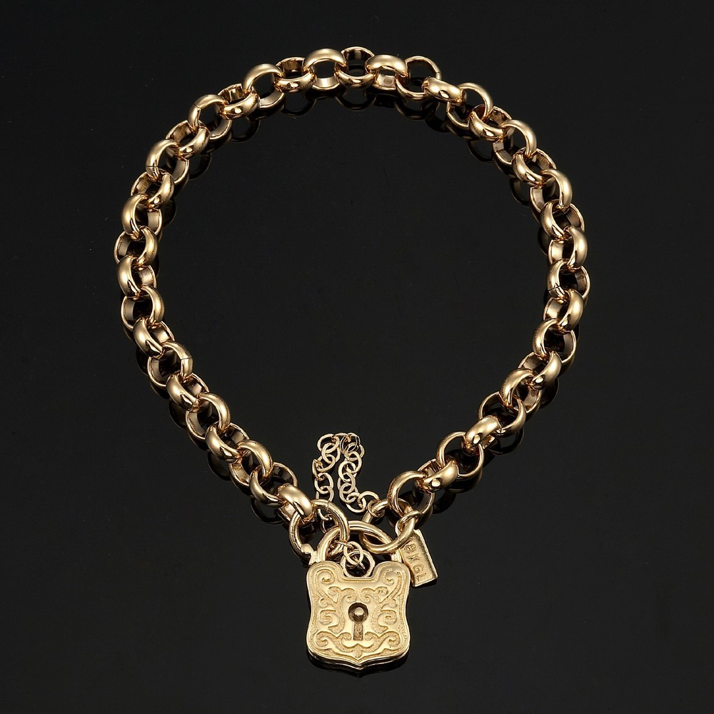 18K GL Solid Belcher Yellow Gold Bracelet & Antique Keyhole Padlock