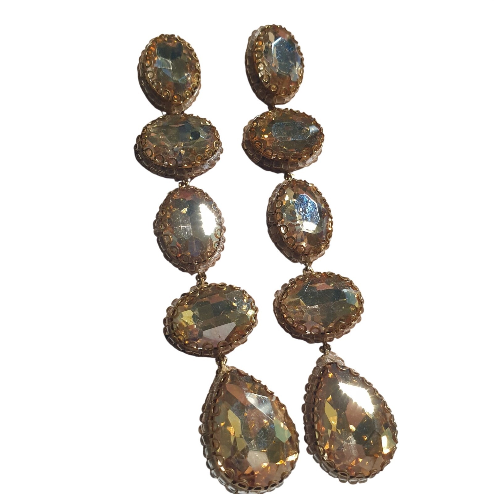 Gold Crystal Five Drop Dangle Earrings 3.5 In Jewelry Elegant Drag Theater Gift