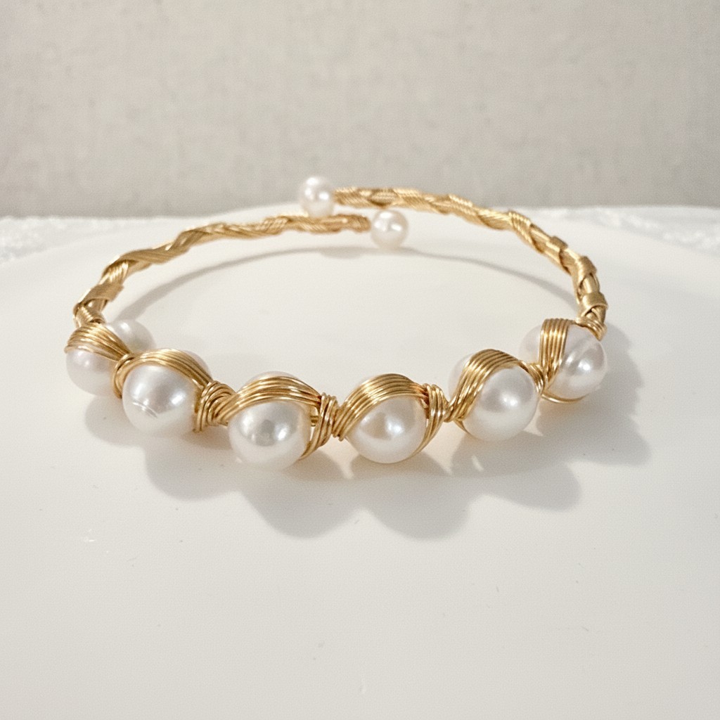 Natural Freshwater Pearl Wire Wrapped Cuff Bracelet Gold Open Bangle Adjustable