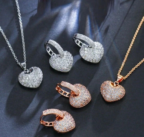 18k Rose Gold Plated 3D Heart Pendant Necklace Earrings made Simulated Diamond