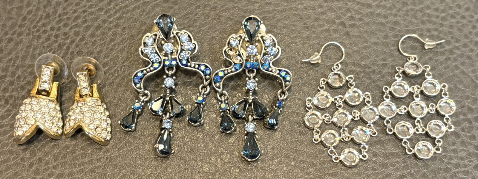 Vintage Lot Of 3 Rhinestone Dangle Drop Chandelier Pierced Statement Earrings