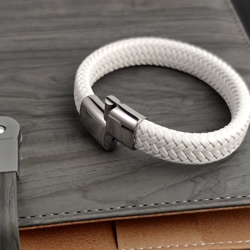 Men White Leather Braid Bracelet Stainless Steel Buckle Handmade Bangle Jewelry