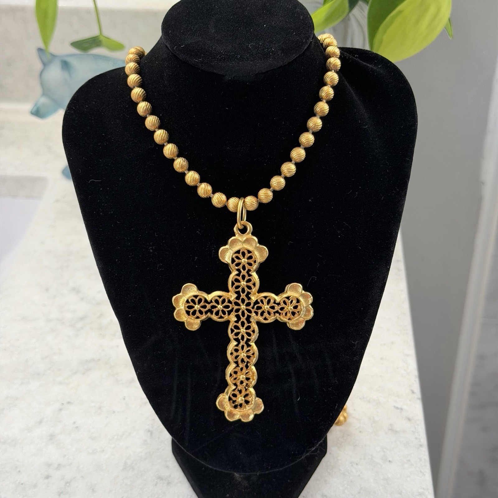 VINTAGE Gold Toned Cross Necklace, Textured Gold Beaded Chain. New with tags.