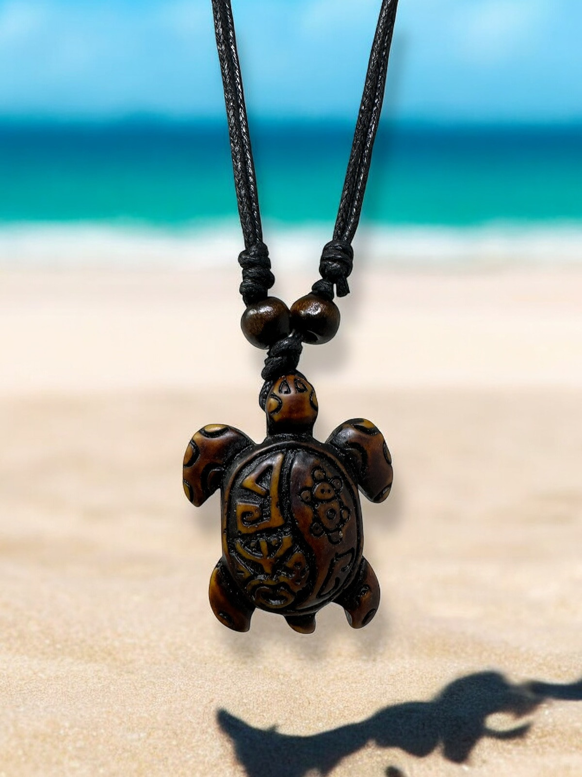 Handmade Turtle Pendant Necklace – Rasta (Hand-Painted), White, Brown – Taino