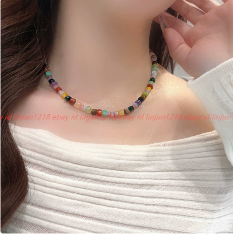 Pretty Rainbow Colors Natural Stone Turquoise Gems Square Bead Necklace 42+5cm