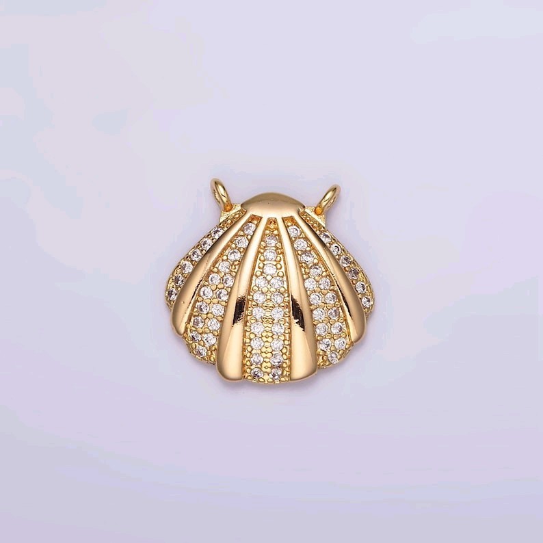 16K Gold Filled 15mm Clear Micro Pave CZ Sea Clam Shell Connector for DIY Jewelr
