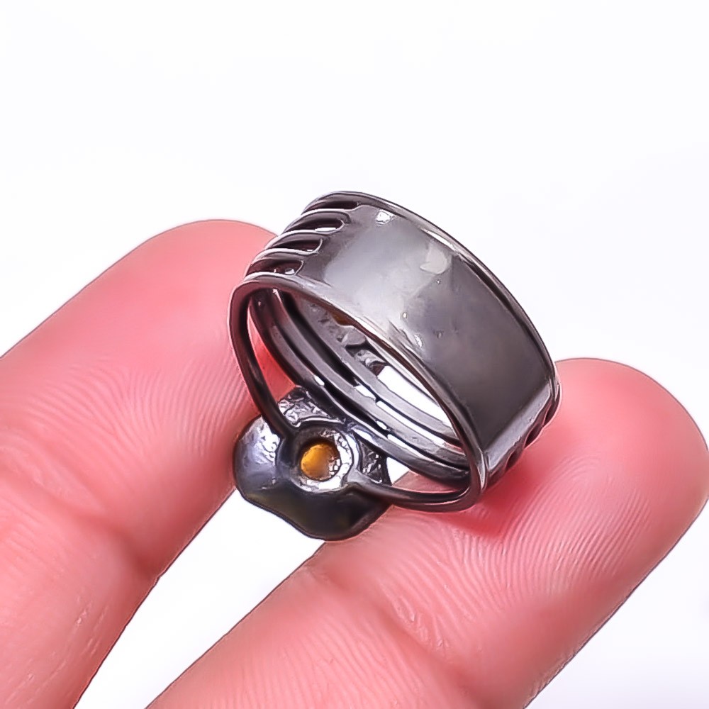 Yellow Tiger Eye Black And Gold Plated 925 Sterling Silver Ring s.7 Sku4