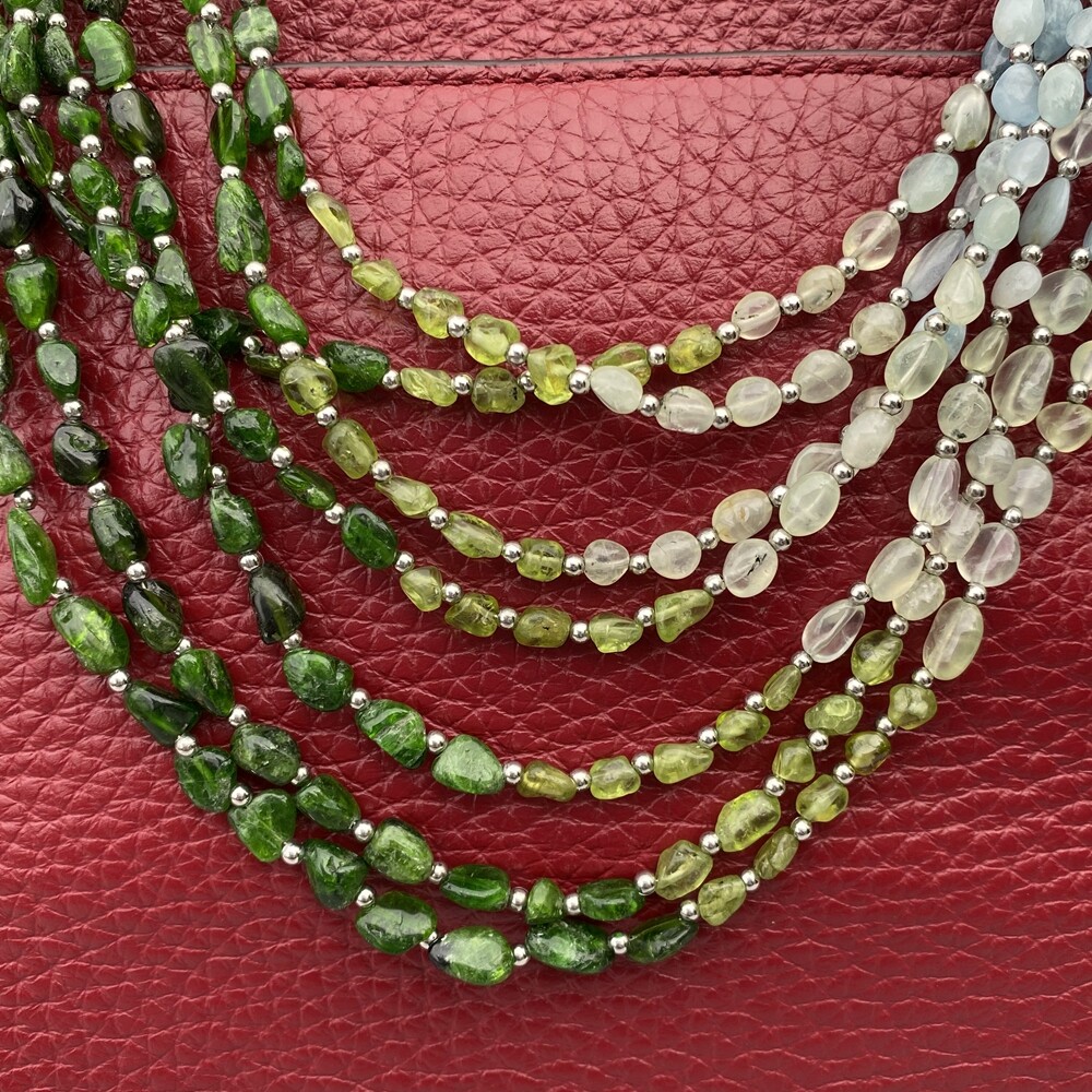 Statement Necklace 7 Rows Natural Aquamarine Peridot Diospside Prehnite Necklace