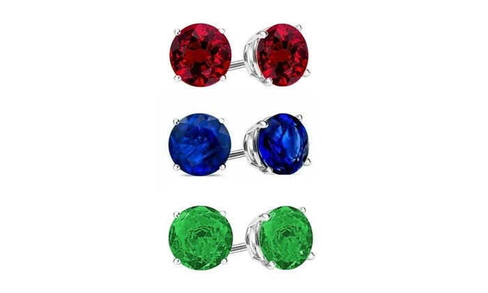 925 Sterling Silver Emerald, Sapphire and Ruby 6MM Round Cut Stud Earrings