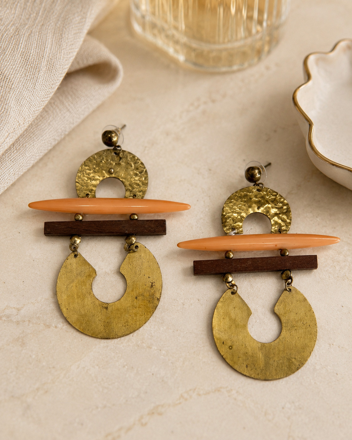 Oversized Boho Mixed Media Dangle Earrings Hammered Gold Tone Wood Peach Accent