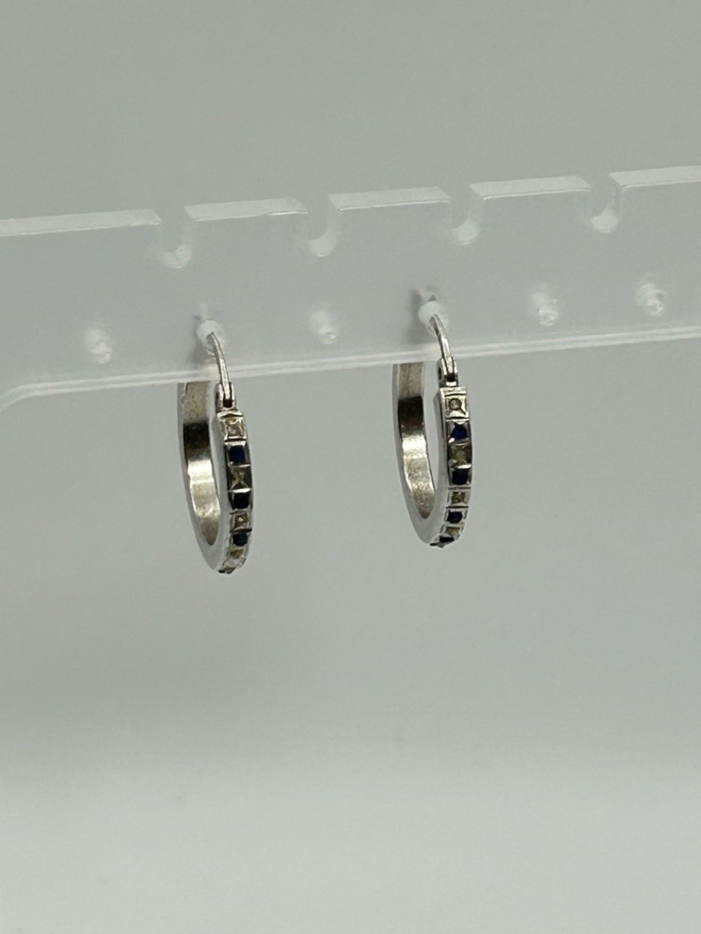 Sterling Silver Crystal Hoop Earrings Blue & Clear Crystals 1″ Stamped 925 SLC