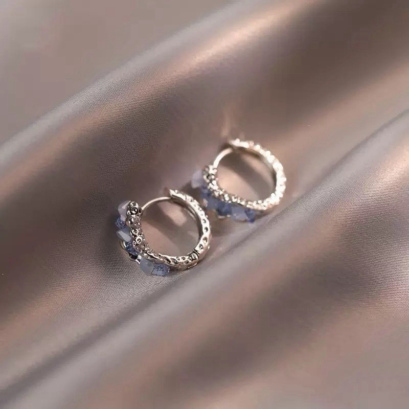 Blue Crystal Hoop Earrings Dainty Silver CZ Huggie Earrings for women 383