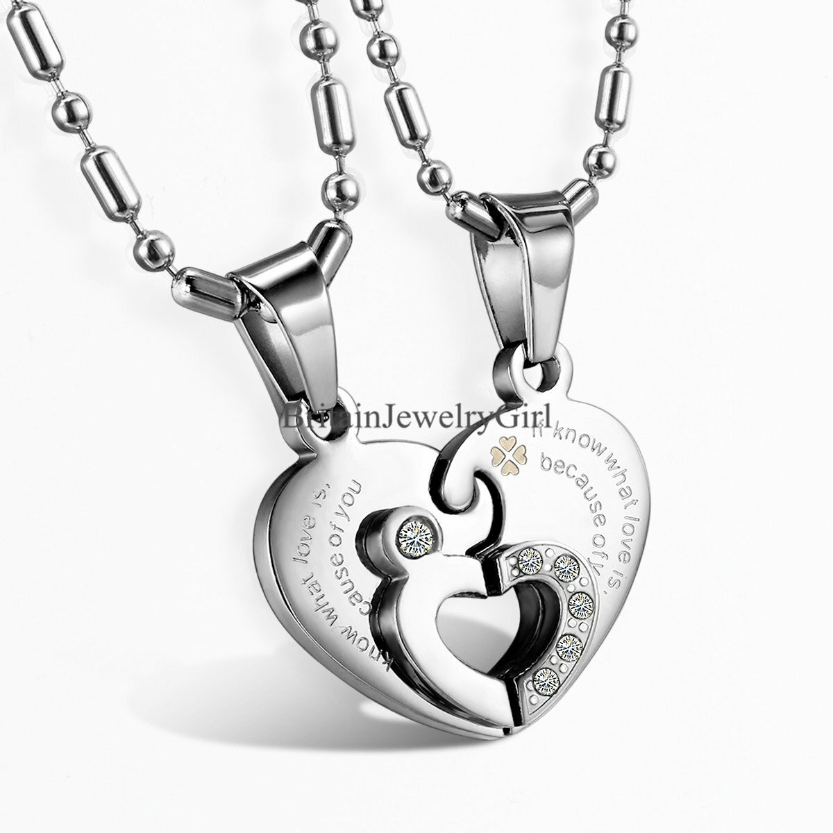 2PCS Stainless Steel Matching Heart Pendant Men’s Women’s Couple Chain Necklace