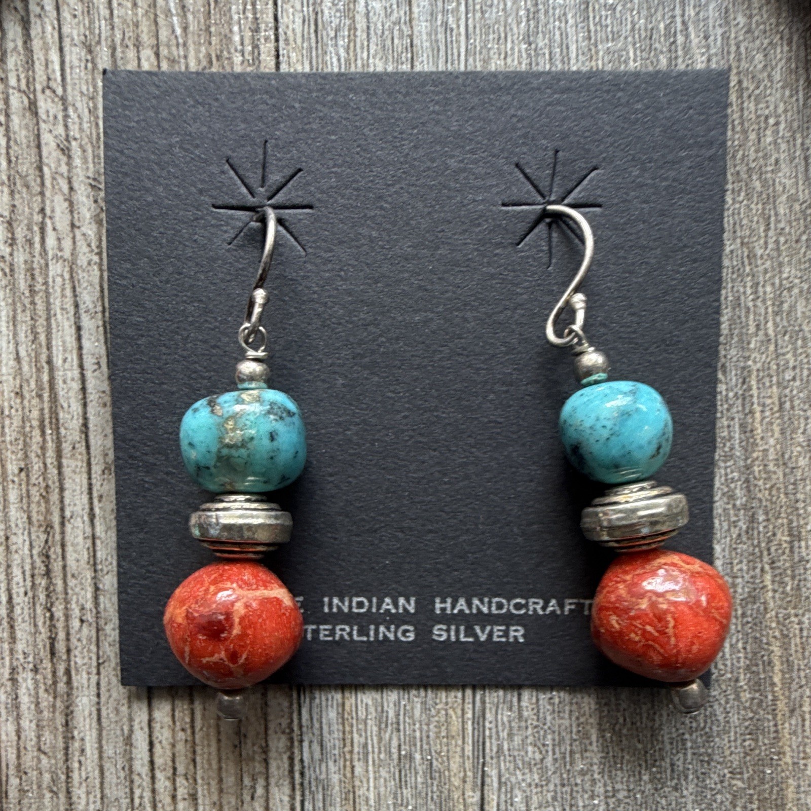 Handmade Sterling Silver Turquoise & Coral Beaded Necklace Dangle Hook Earrings