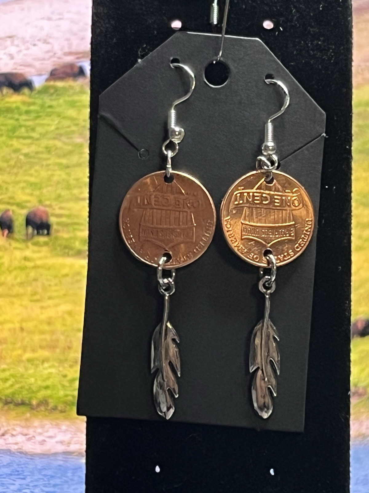 2-2025 D Pennys Coin & Feather Charm Dangle/Drop Hook Earrings, Multicolor Metal