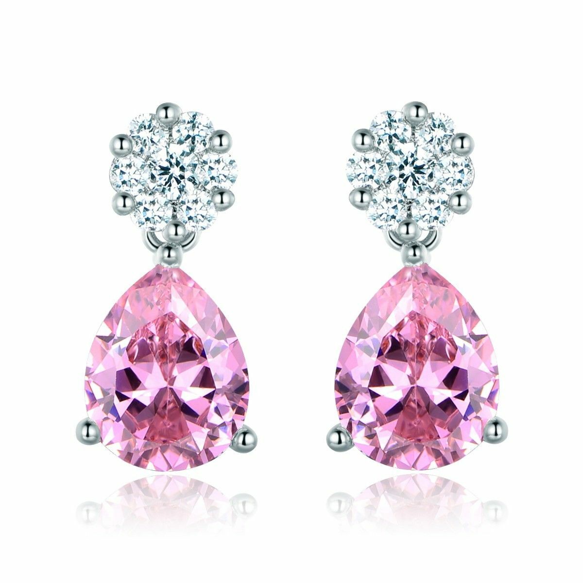 New White Gold Filled Pink & White Round & Teardrop CZ Post Stud Dangle Earrings