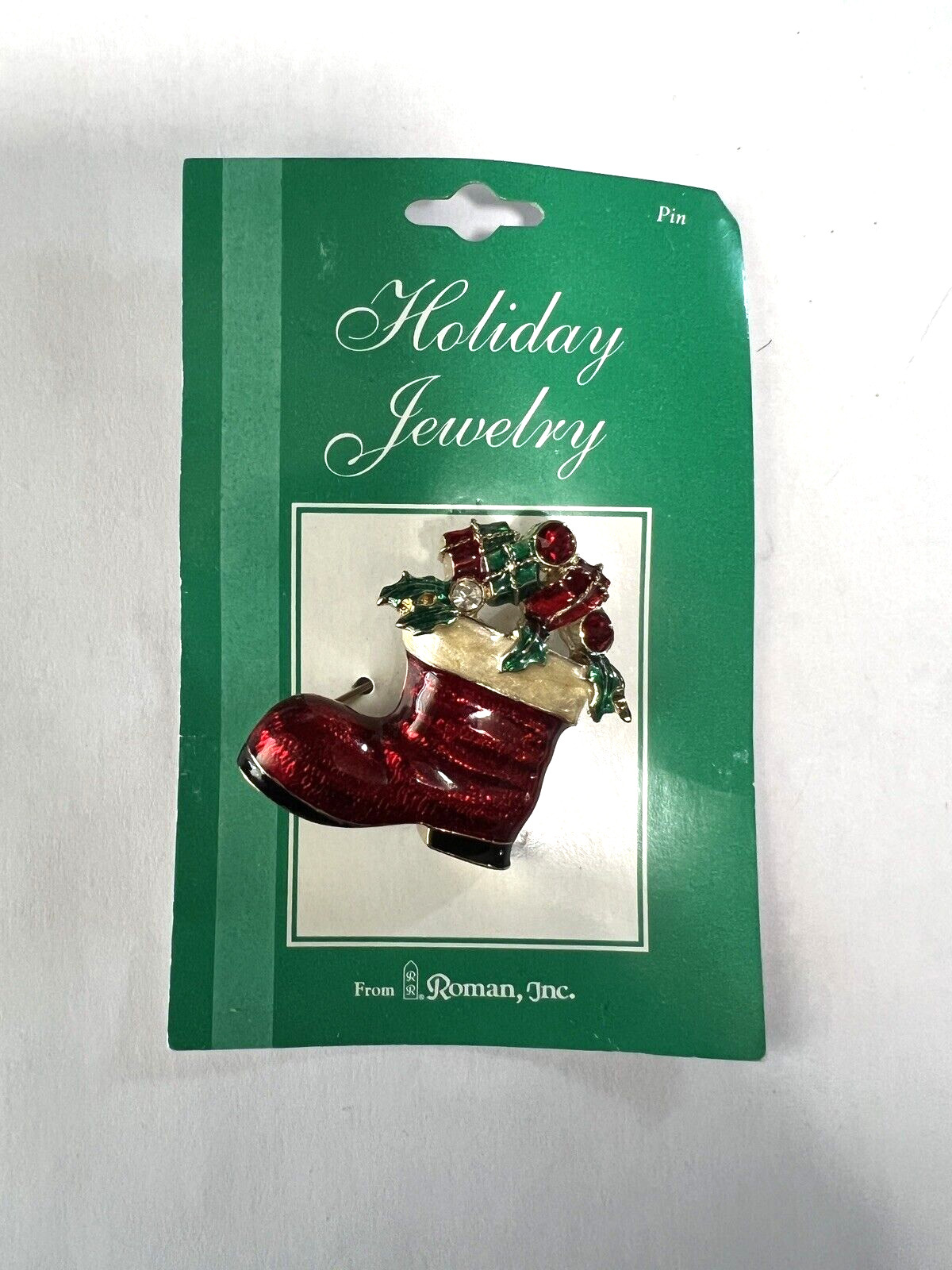 Roman, Inc. Santa Boot Brooch Pin Rhinestones Enamel Goldtone Approx. 2″