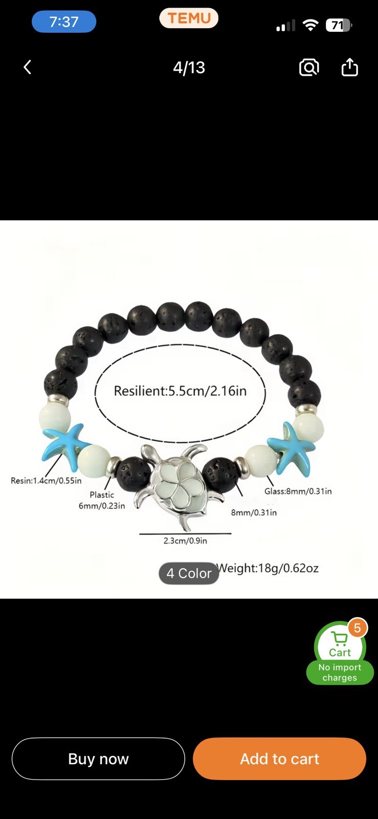 Charm Glow in the Dark Sea Turtle and Starfish Beaded Bracelet Black Blue 5.5cm