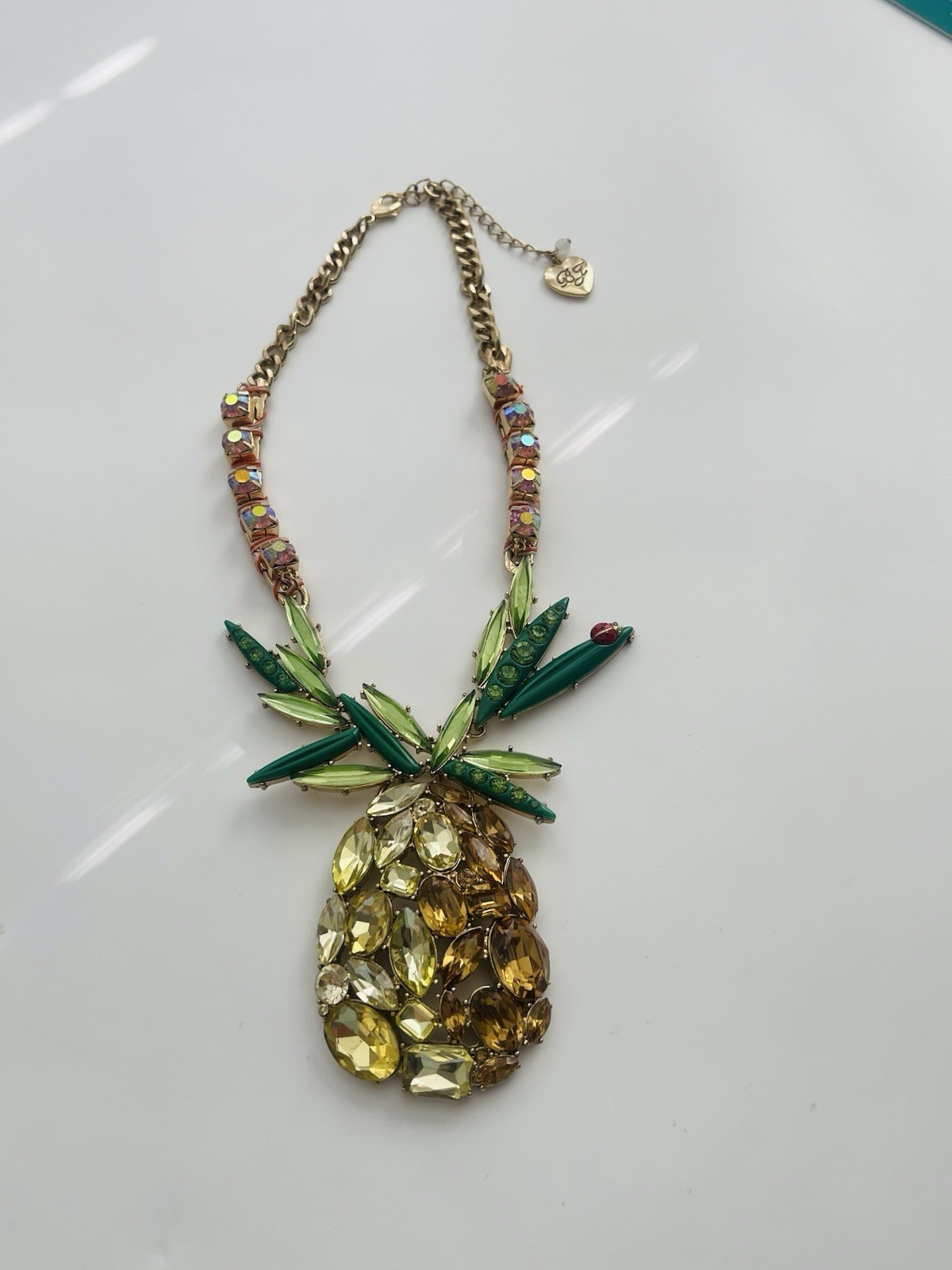 Betsey Johnson Very Large Rhinestone Pineapple Pendant Statement Necklace 18″