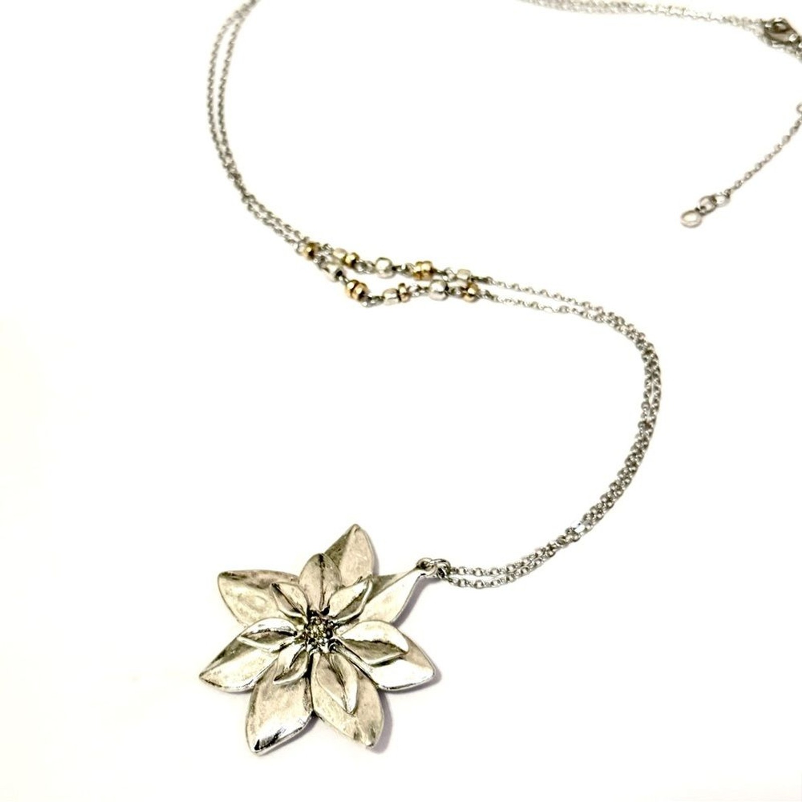 J.JILL Reversible Two-Tone Flower Pendant Necklace on Long Silver Chain | NEW