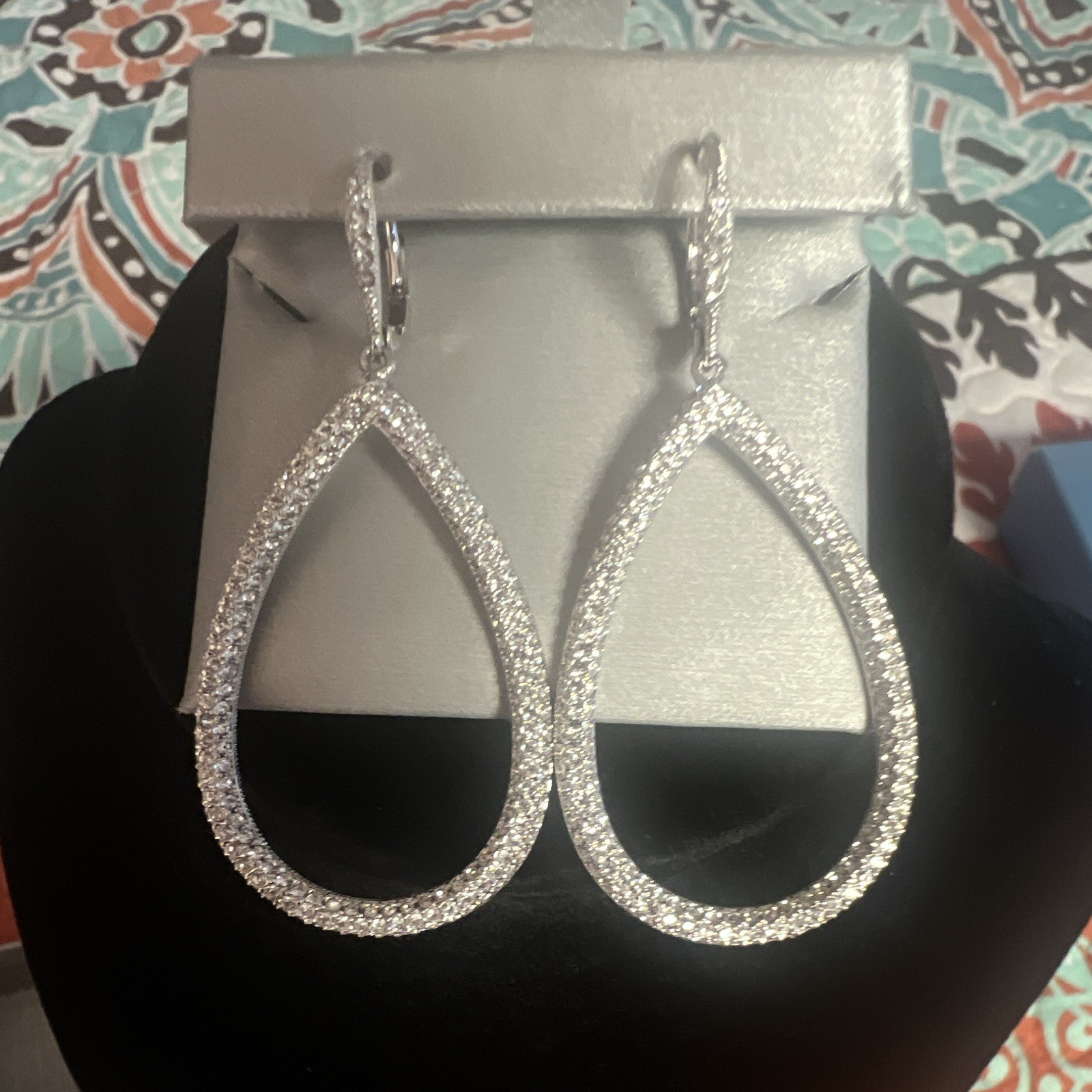 Zales Teardrop Dangle Hook Earrings Silver Tone Clear Crystal Pavé Wedding