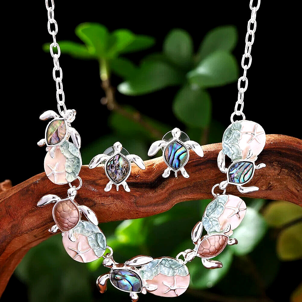 AVIANNA ABALONE SHELL OCEAN LIFE DESIGNER ENAMEL TURTLE NECKLACE & EARRING SET