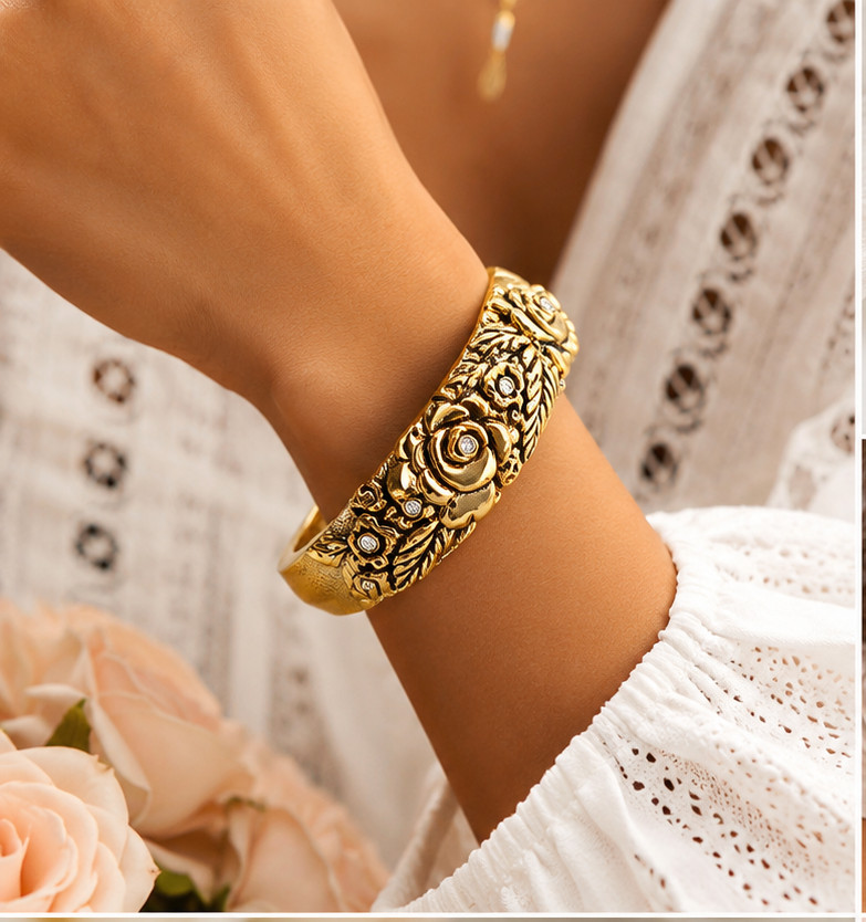 Gold Tone Rose Floral Hinged Bangle Bracelet Crystal Vintage Style Cuff Women