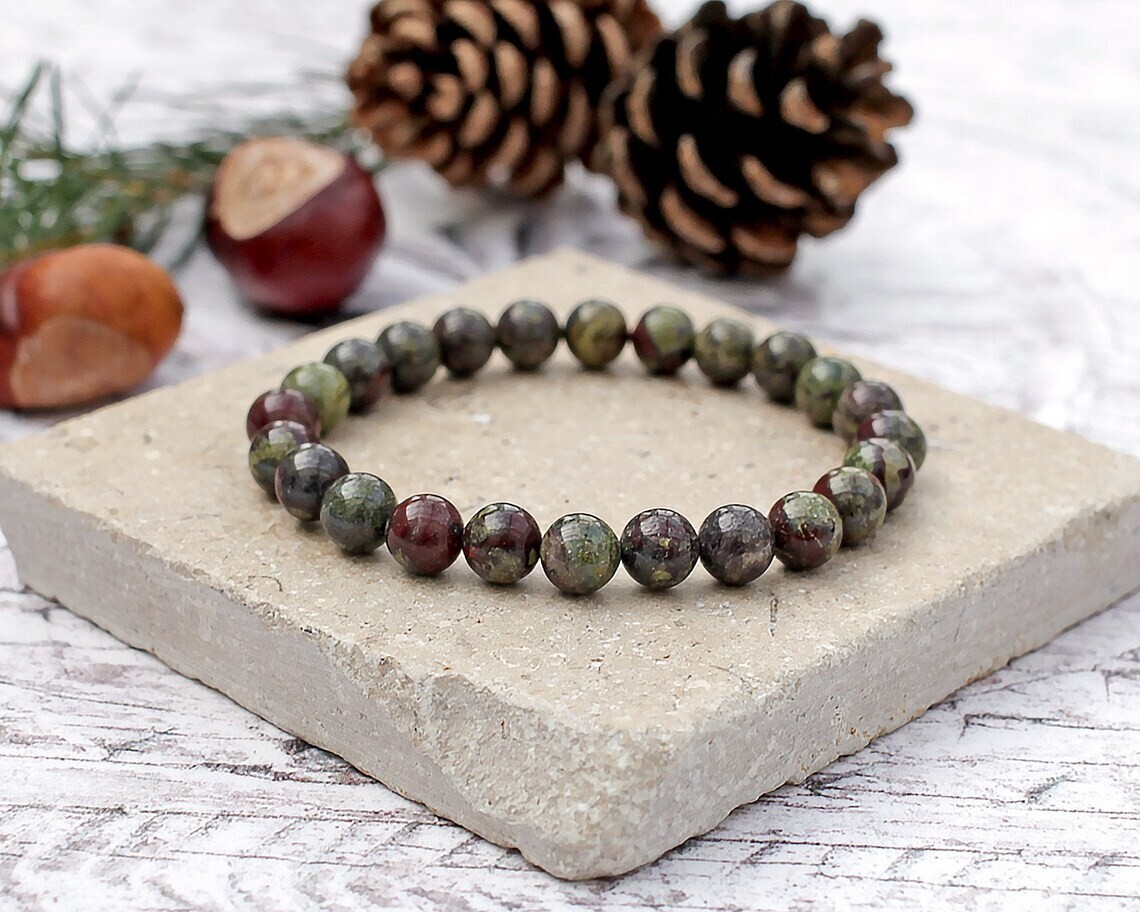 Natural Dragon Bloodstone Beaded Bracelet Gemstone Stretch Bracelet Handmade