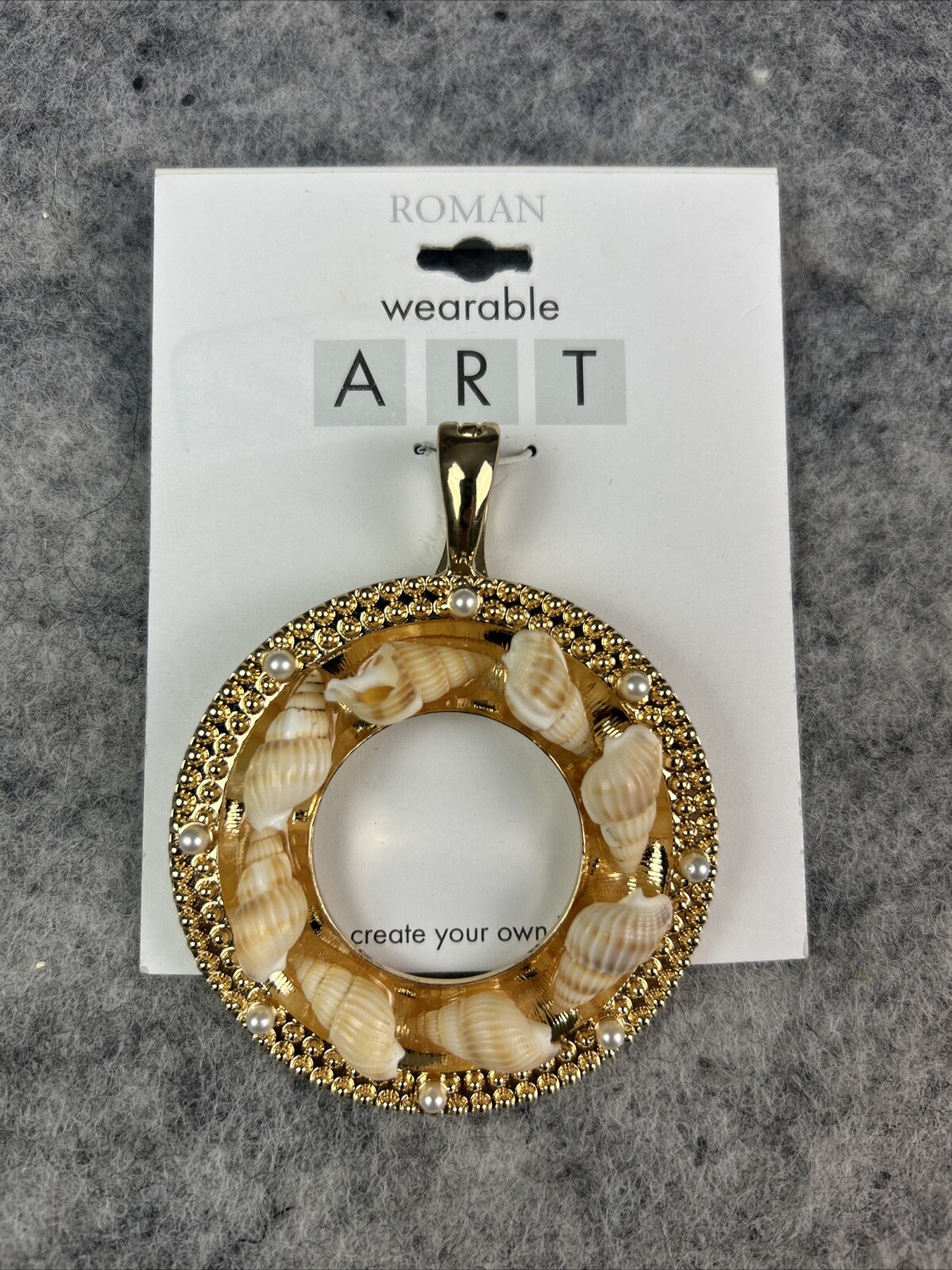 Wearable Art Pendant By Roman 2” Seashell Rose Gold Color Pearl Bedazzled NEW