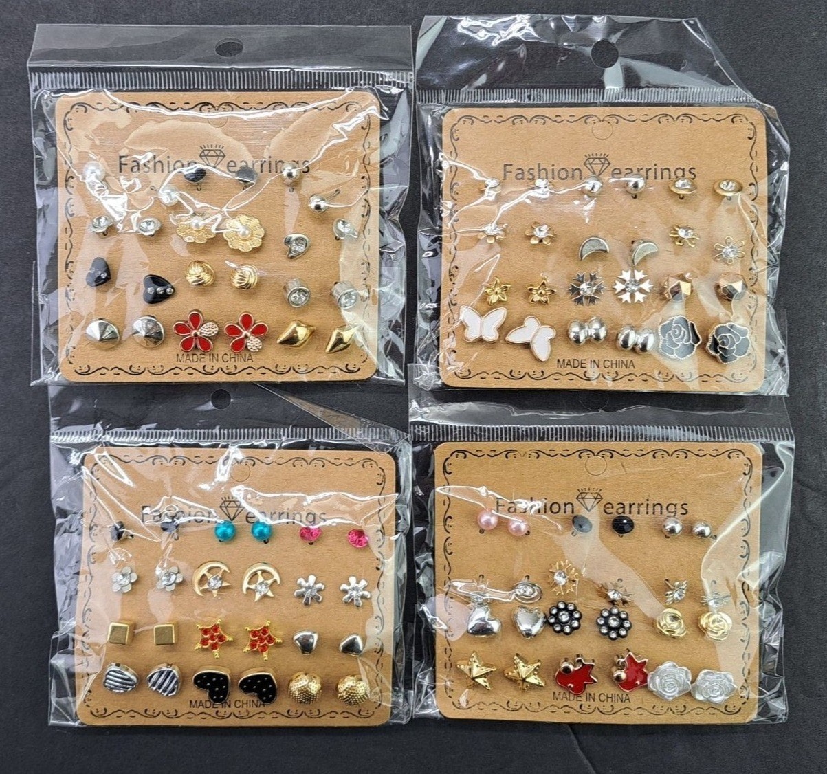 Assorted Stud Pierced Earrings Lot Of 48 Pair Butterfly Flower Hearts Stars New