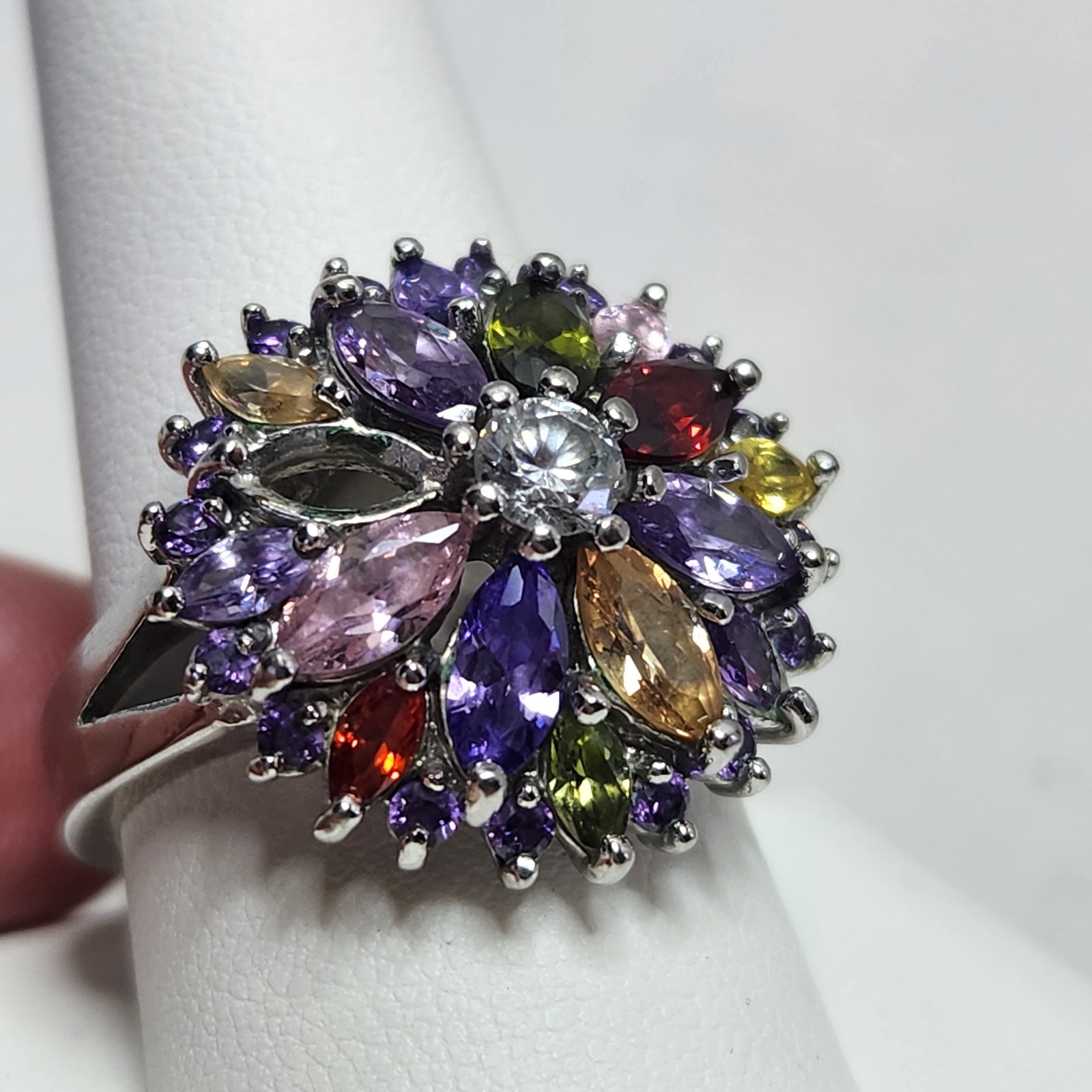 Marquis Flower 925 Plated Ring CZ Garnet Tourmaline Stones Sz 10.5 Missing Stone