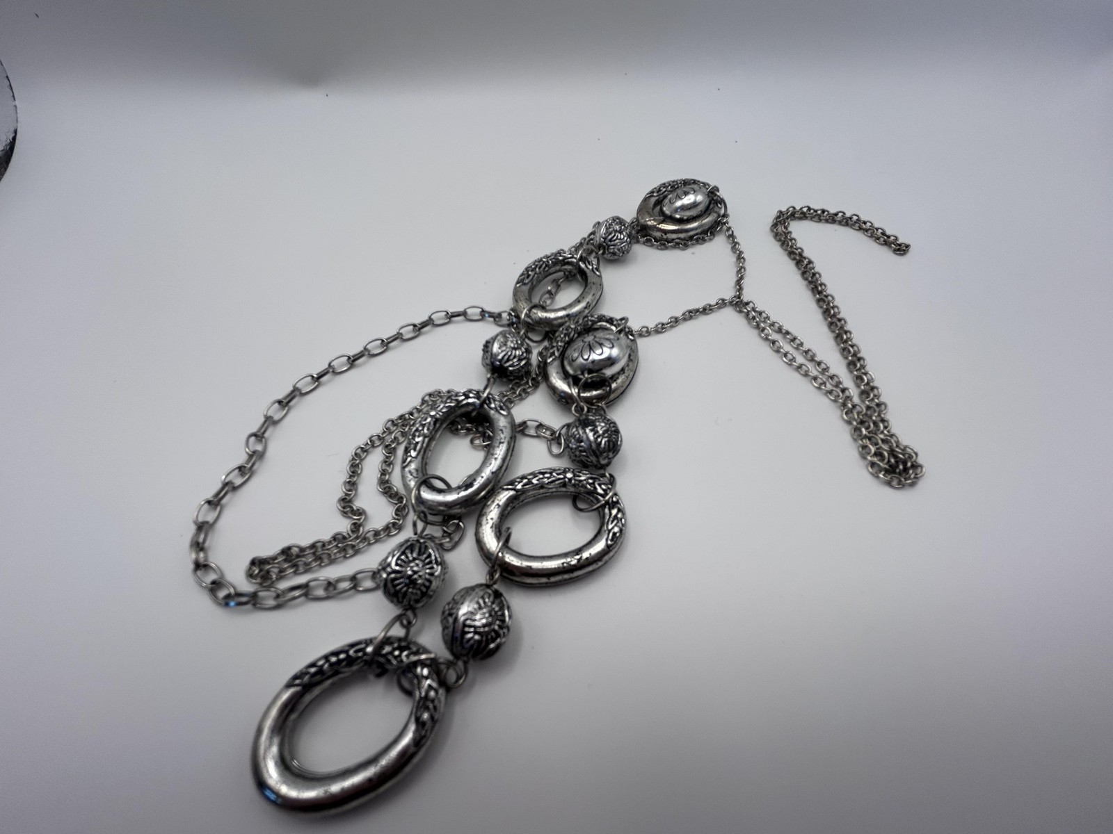 Necklace Silver Tone Layered Chain Statement Oval Link Floral Beads 30 Inch